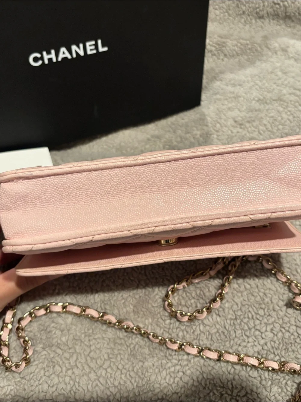 CHANEL Pink Quilted Leather Wallet with Chain and CC Logo